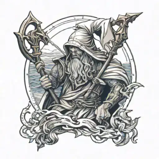 Faceless Hooded Greek God Holding Trident Surrounded By Nautical Background