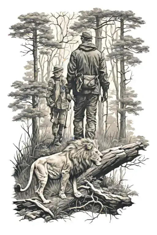Hunter With Teenager Walking Through Woods With Lion Looking Over Them