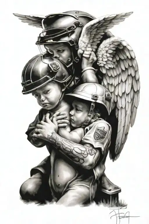 Angel Putting Helmet On A Child Holding Hands