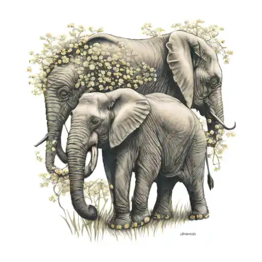 Mother Elephant With 5 Babies Breath And A Bumblebee