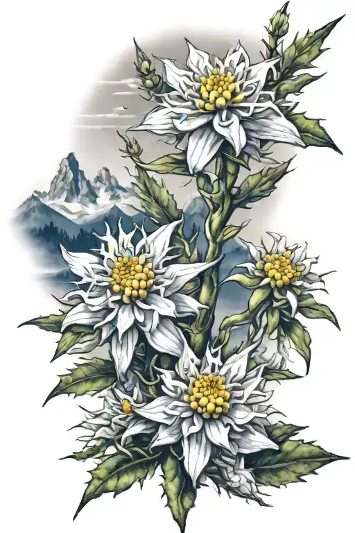 Edelweiss Flowers With Mountain Scene