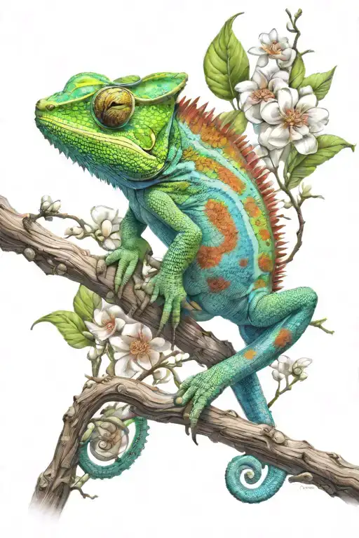 Colourful Chameleon On Branches And Flowers