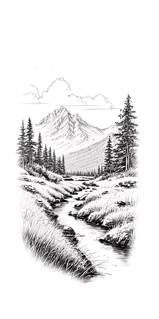Sketch River Flowing Through A Meadow Mountain Scape In Background