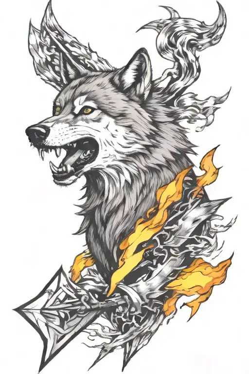 Wolf And Arrow With Fire And Lightning Bolt