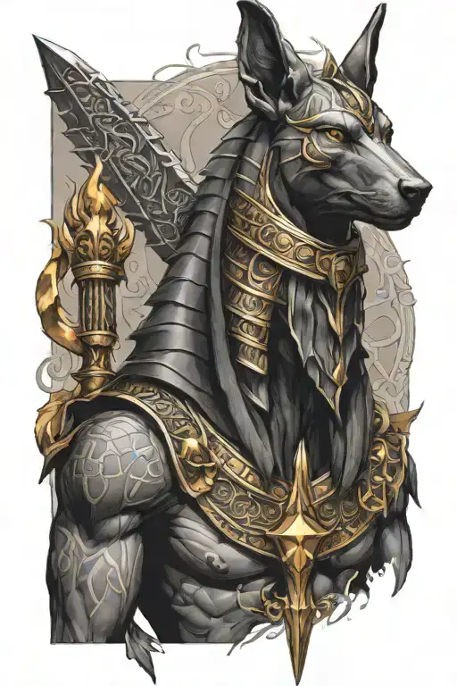 God Anubis With A Scepter And A Flaming Egyptian Cross