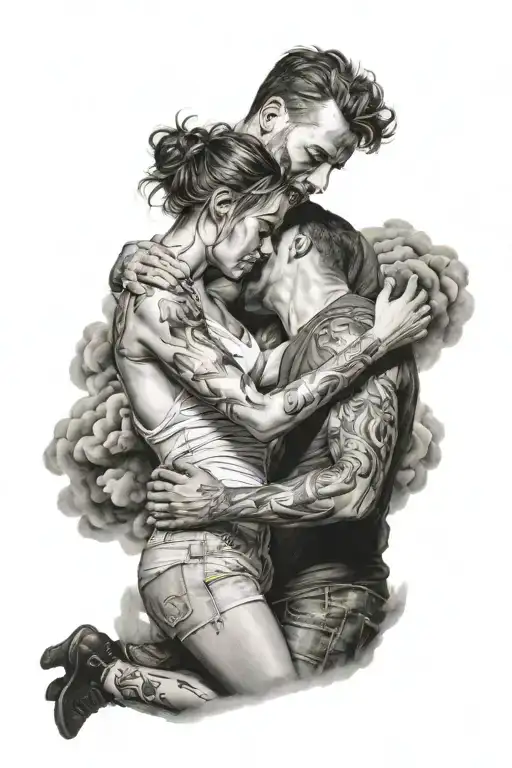 Lovers Embrasing With Explosion In Background