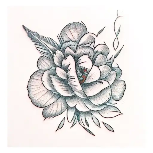 Paired Detailed Feather Wings Tattoo With Plants And Peony Around It Or Mixed Into It