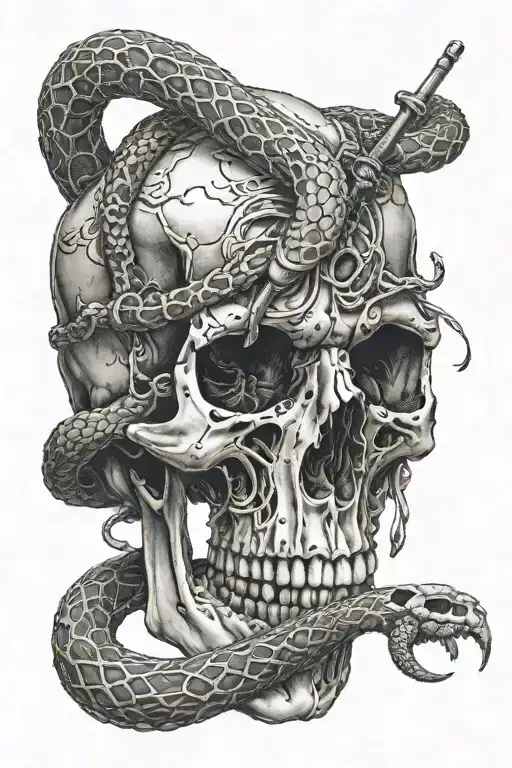 Skull Witha Snake Coming Out Of The Eye And Wrapping Round A Wand