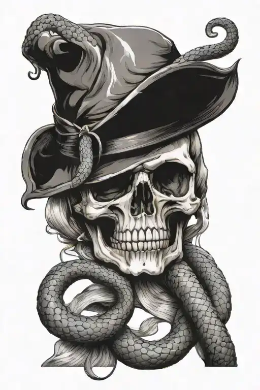 Skull With A Snake Coing Out Of The Mouth And Wrapping Round A Wand