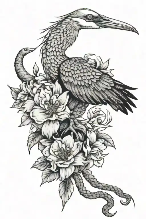 Crane Bird With Flowers And Snake