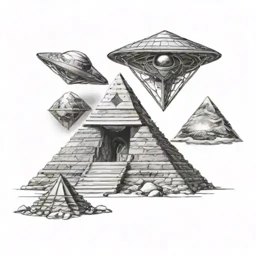 Realistic Alien With Pyramid And Ufo
