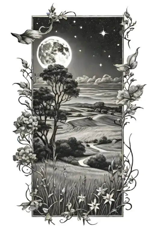 Open Field With Stars And Moon