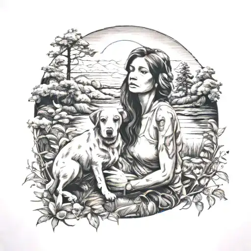 A Tattoo Of A Woman With Her Arm Around Her Dog In Nature