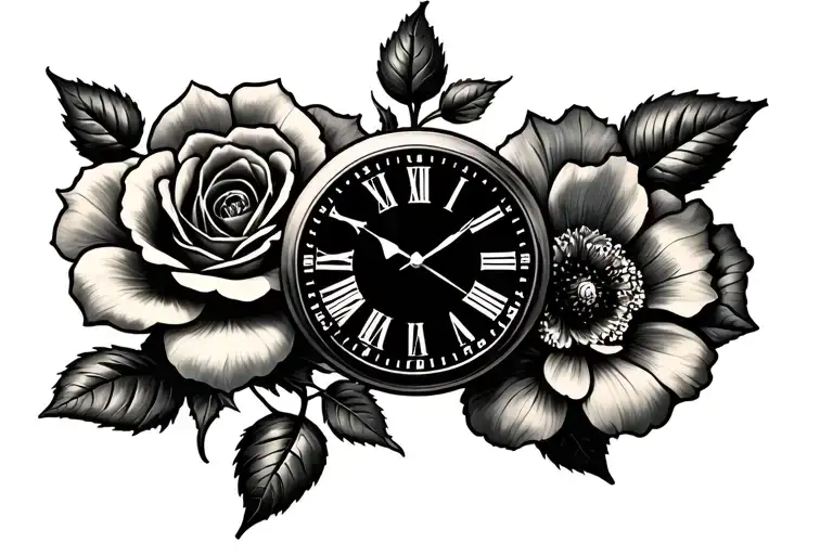 Clock And Hollyhock Rose Surrounded