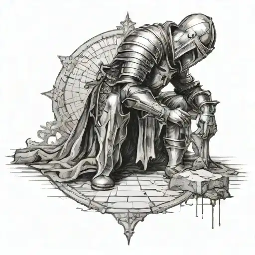 A Gothic Templar Knight On One Knee Inside Church Before Christ