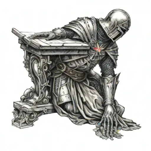 A Gothic Templar Knight Inside Church Kneeling Before Christ