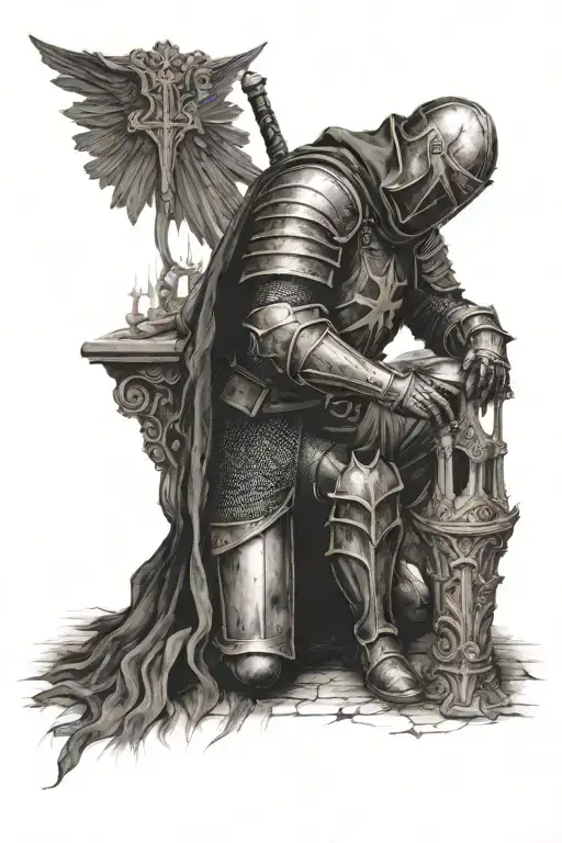 A Gothic Templar Knight Inside Church Kneeling Before God