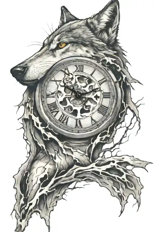 Cracked Clock With A Wolf And Moon