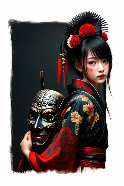 Japanese Girl And Samurai Mask Holding