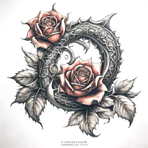 Red Rose Dragon And Crescent Moon Tattoo