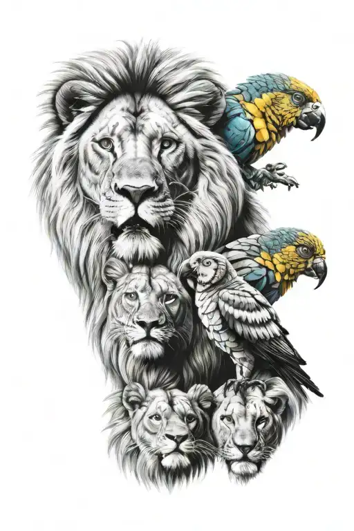 A Lion Family And Yellow-headed Amazon Parrot Living In Harmony