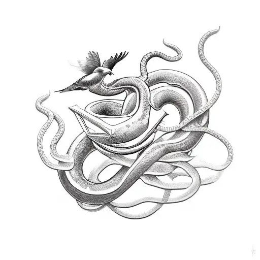 A Realistic Depiction Of A Dove And A Snake Coiled Around A Teacher's Apple