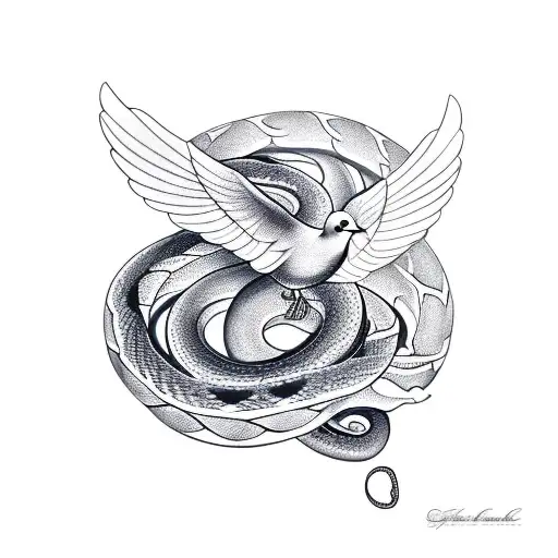 A Realistic Depiction Of A Dove And A Snake Coiled Around A Teacher's Apple