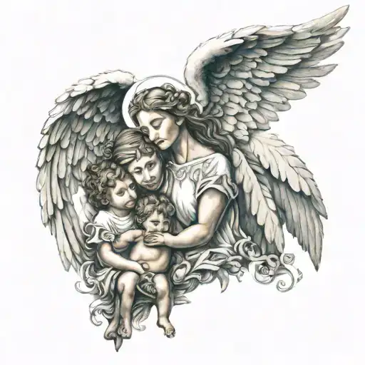 Family Tatoo 4 People Angel Protecting And A Heart