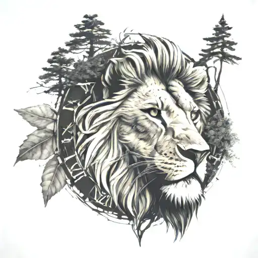 Lion King Blended Into Forestry Surrounding Clock Face