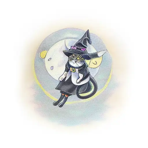 A Cat Dressed As A Witch Flying On A Broomstick Under A Full Moon