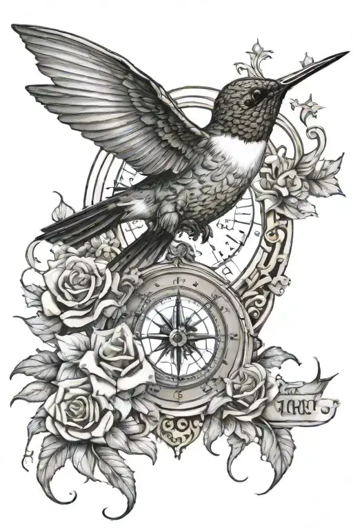 Hummingbird Roses Compass Rose Intertwined Sun Moon Stars