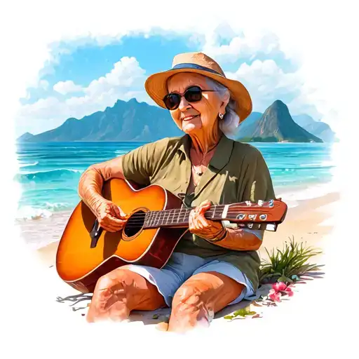A Retired Female Musician Playing Guitar On A Beach With Mountains In The Background