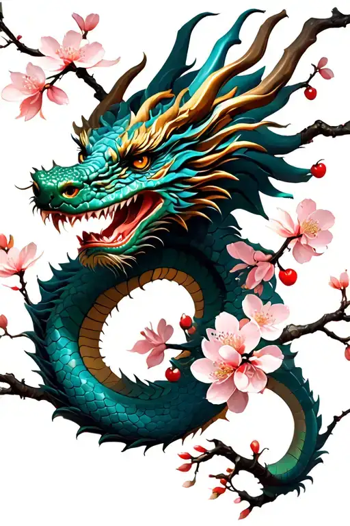 Dragon And Cherry Blossom Tree Branch