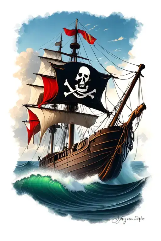 Pirate Looking Out At Ship On Sea Waves