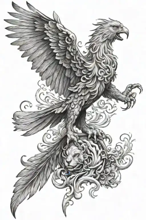 Phoenix And Lion Full Arm In Black And White With Fire