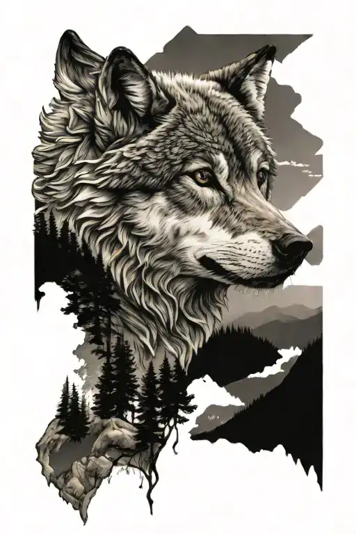 Wolf Head With Mountains Panorama And Trees Growing