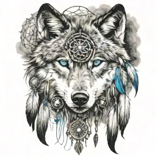 Wolf With Blue Eyes With Dream Catchers Hanging