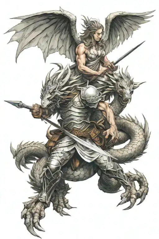 An Angel With Wings Piercing A Dragon With A Spear