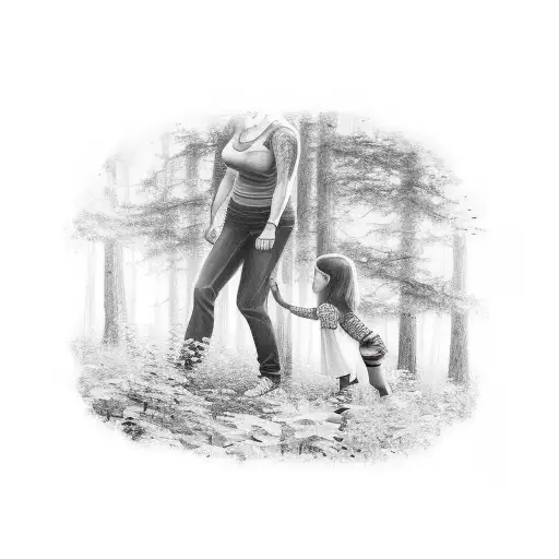 A Realistic Tattoo Of A Mother And Child Hiking Through A Lush Forest