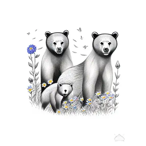 A Mother Russian Bear And Her Cubs Playing In A Field Of Wildflowers
