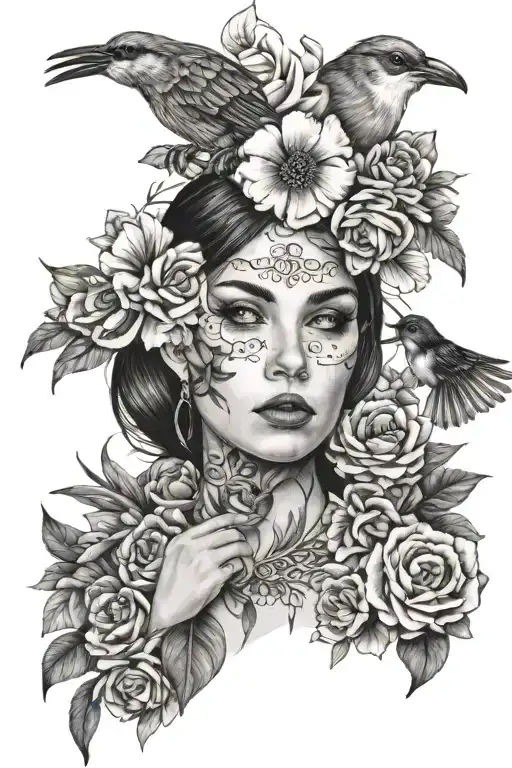 Flowers And Bird And Woman Face