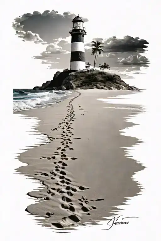 Beach With Footprints Lighthouse Leading The Way