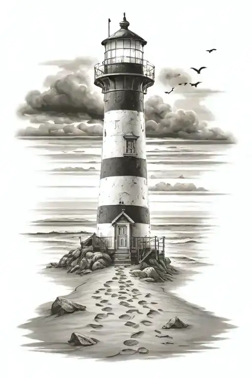 Lighthouse On Beach With Footprints With Light Shining The Way