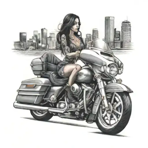 Harley Street Glide And Lowrider With Chicana Girl With A City Skyline Background