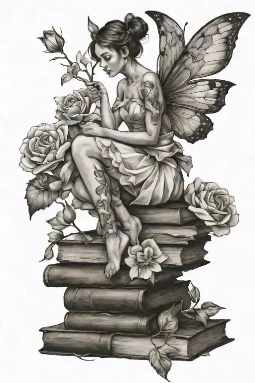 Female Fairy Sitting On Books Growing As Flowers