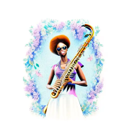 African American Woman Playing A Saxophone Surrounded By Flowers And Butterflies