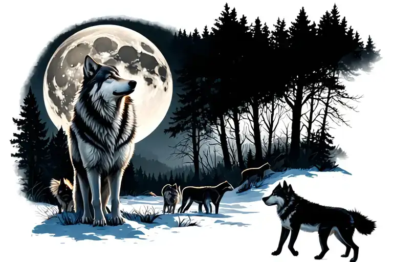 Wolf In A Forest Scene With Other Wolves In The Back Howling At The Moon