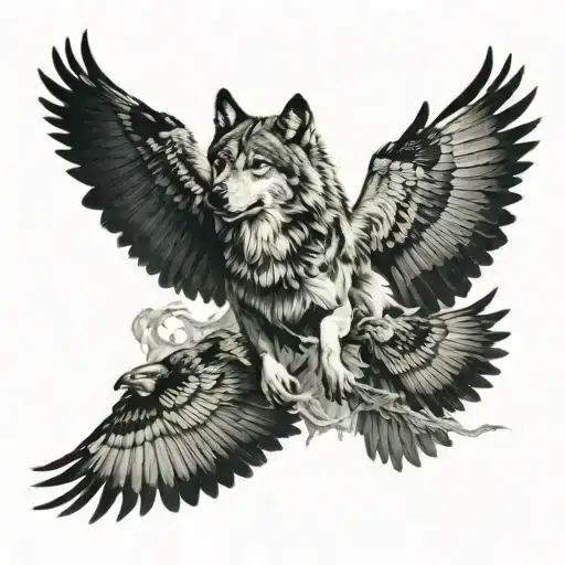 Wolf And Ravens Flying