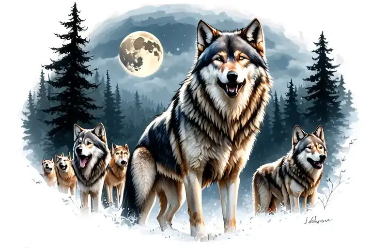 Wolf In A Forest Scene With Other Wolves In The Back Howling At The Moon