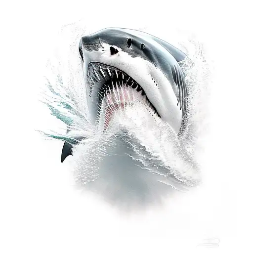 A Realistic Portrait Of A Great White Shark Emerging From Crashing Waves